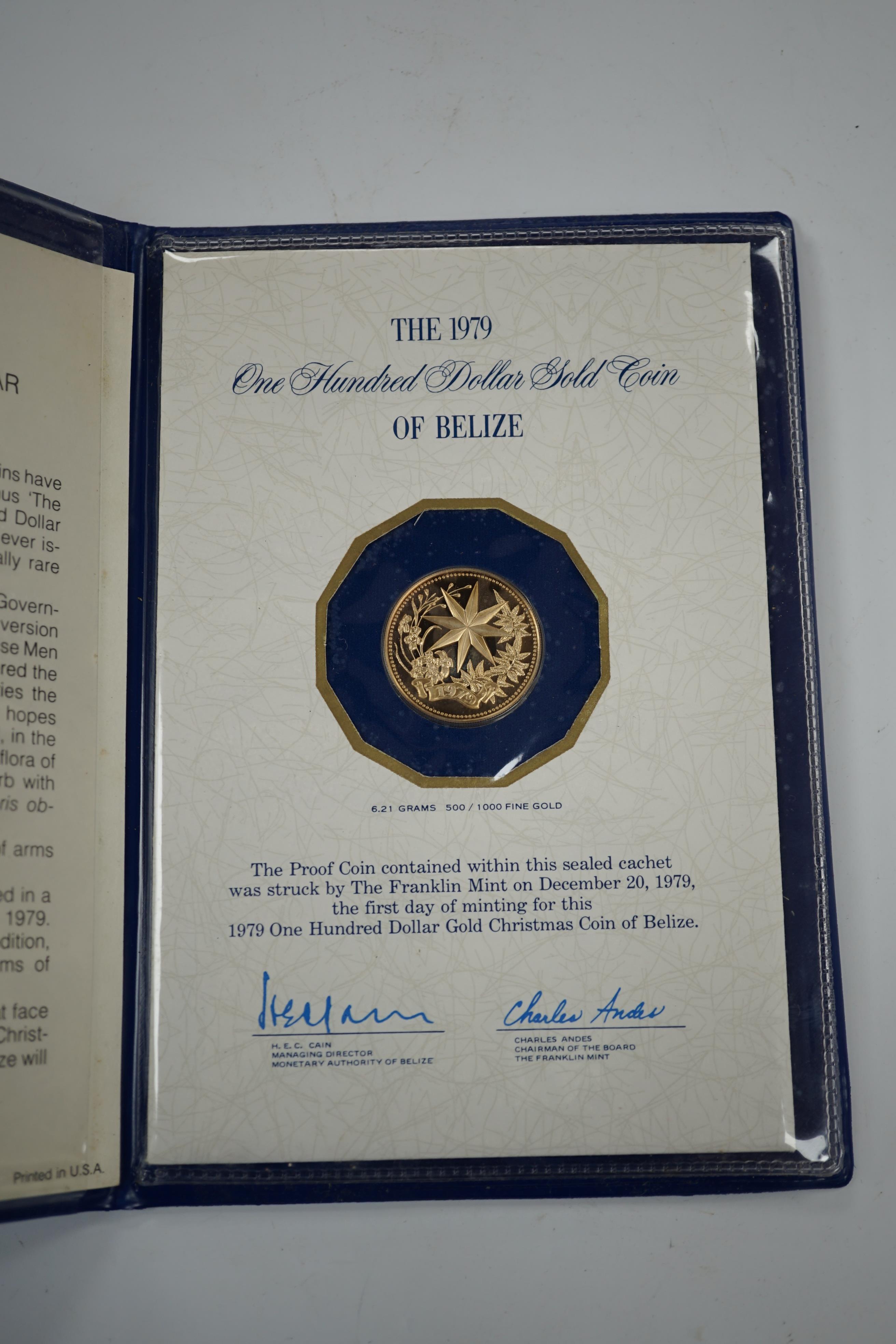 Gold coins, 1979 Belize $100 gold coin, 500/1000 Fine gold, 6.21 g, in booklet with certificate